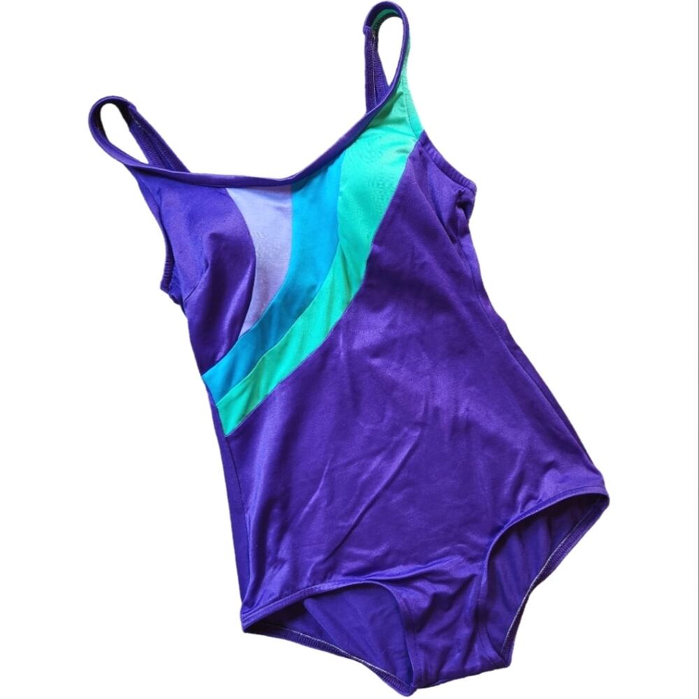 Vintage 1980s swimsuit one-piece purple and aqua modest cut size 10